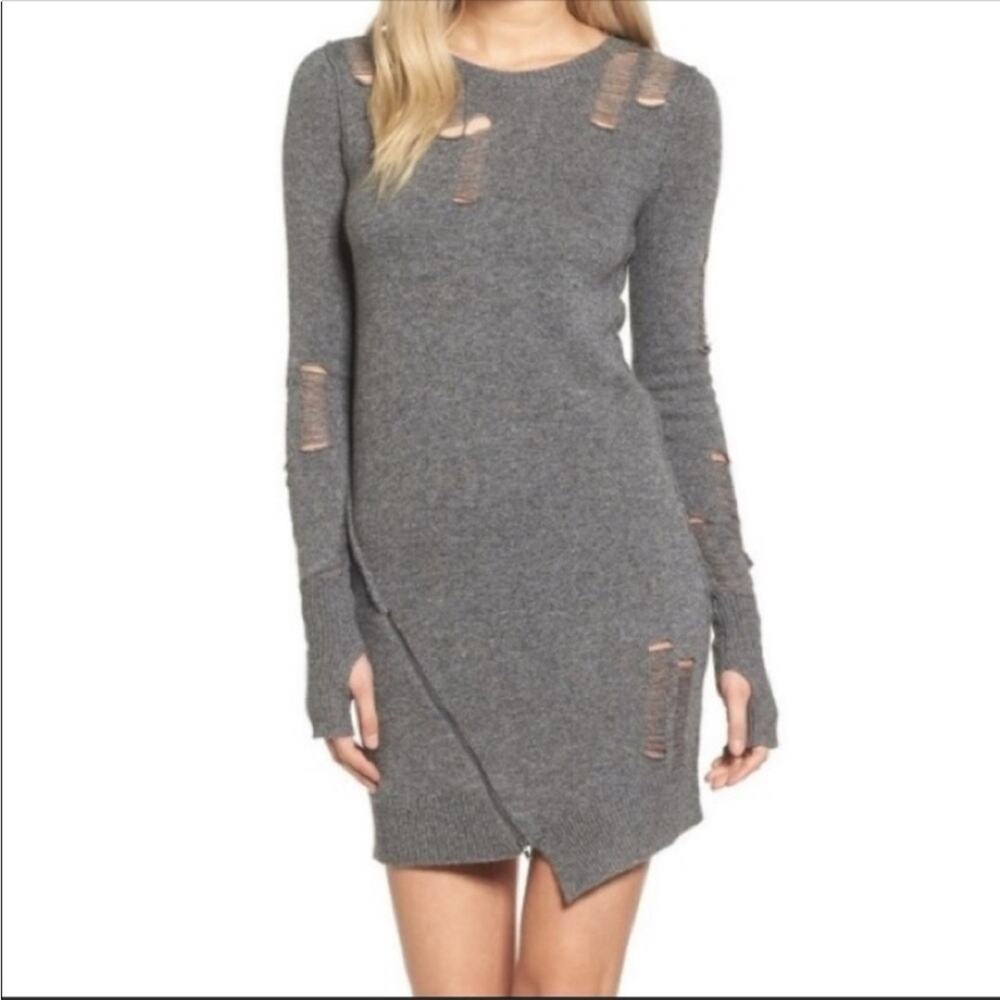 PAM & GELA Gray Cashmere Wool Blend Distressed Zipper Detail Sweater Dress Small